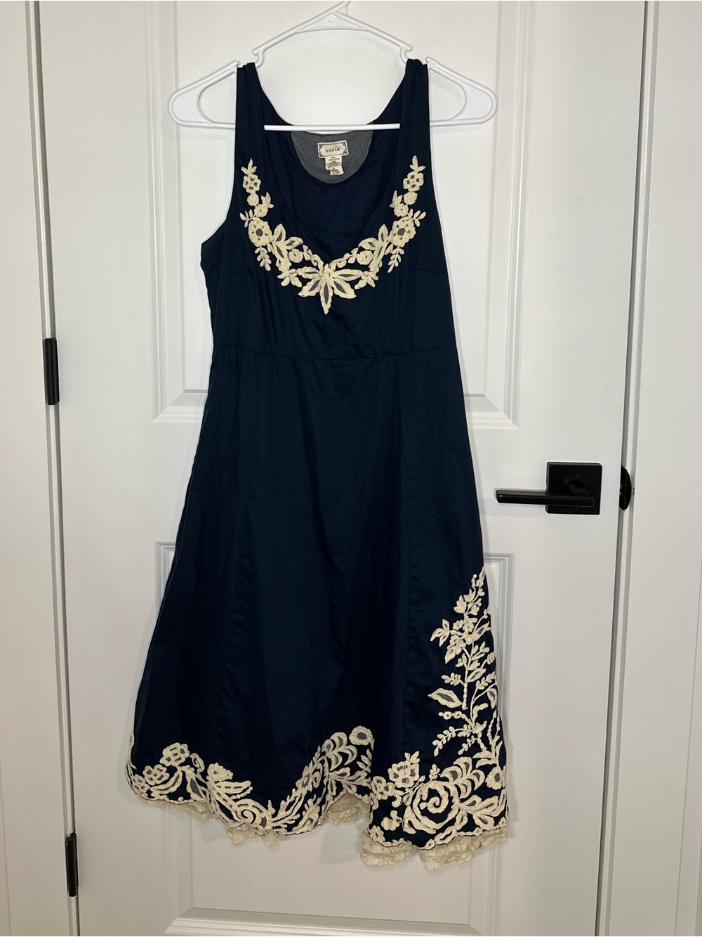 Anthropologie By Viola Navy Midi Dress with Cream Floral Embroidery